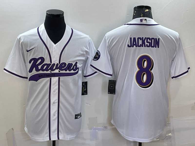 Mens Baltimore Ravens #8 Lamar Jackson White With Patch Cool Base Stitched Baseball Jersey